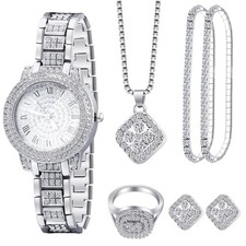 7 Pcs Luxury Women Watch and Bracelet Set Valentine's Day Elegant Rhinestone ...