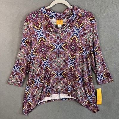Ruby Rd. Women's Petite Cowl Neck 3/4 Sleeve Printed Pullover Top Size PL NWT