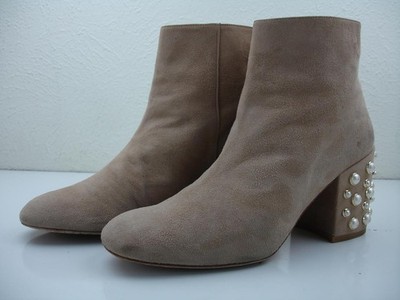 Women's 8.5 M Stuart Weitzman Bacari Pearl Studded Heel Bootie Beige Suede Boots