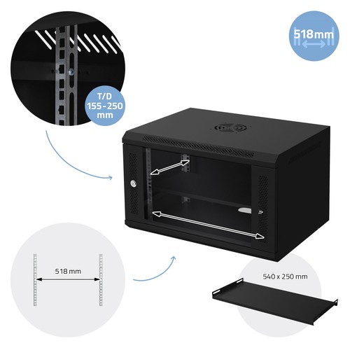 Armadio di rete 19" 6U montaggio a muro vetro bloccabile capacità 60 kg nero - Photo 9/10