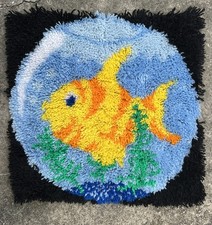 Vintage 1970s GOLD FISH Latch Hook Wall Hanging Rug 23  x 23  Cottage Core