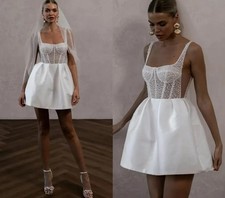 Vintage Short A Line Wedding Dress Spaghetti Pearls Top Satin Bodice Bridal Gown