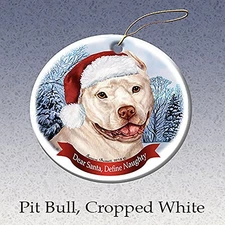 Holiday Pet Gifts White Pit Bull (Cropped) Santa Hat Dog Porcelain Ornament