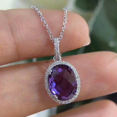 8.20Ct Oval Cut Natural Amethyst & Diamond 14K White Gold Luxurious Pendant