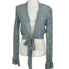 Moda International Lace Top Cardigan Vtg Size M Y2K Sheer Whimsigoth Fairy Blue