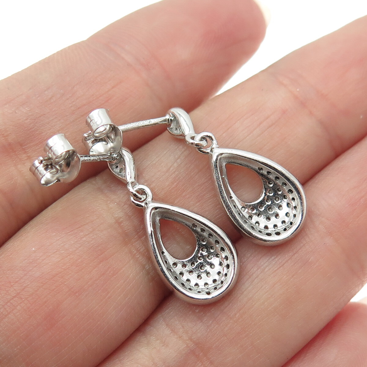 925 Sterling Silver Real Round-Cut Diamond Teardrop Dangling 