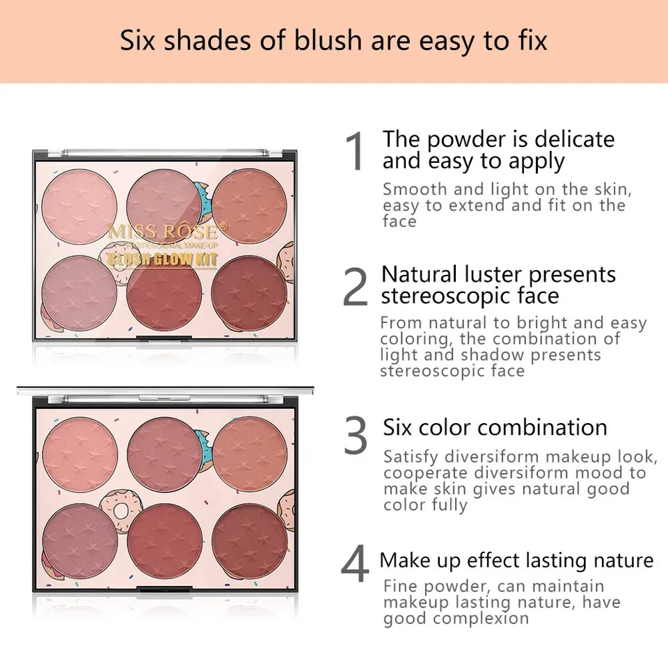 6 Color Nude Face Blush Pallete Full Coverage Blushes Baked Mineral Glow Blusher - Image 4 of 4