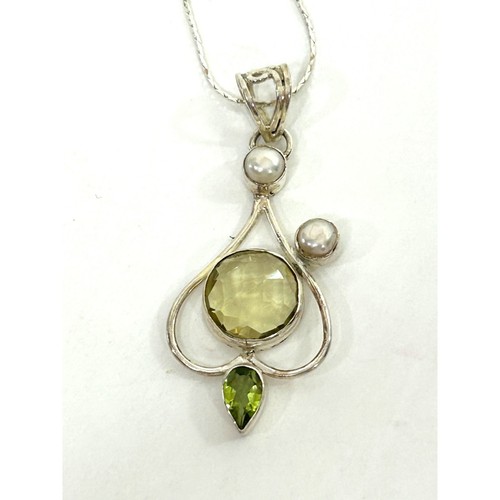 Women’s Pendant Necklace Italy Peridot Pearl S925 Sterling Silver 18” Vintage - Picture 17 of 19