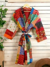Indian Patchwork Kantha Jacket, Soft Silk Kantha Jacket, Cotton Bath Robe Kimono