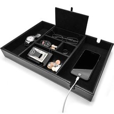 Black Valet Tray for Men Nightstand Organizer with 6 Compartments