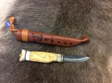 Wood Jewel Knife 3" Carbon Steel Blade Curly Birch Handle w/Reindeer Horn Pommel