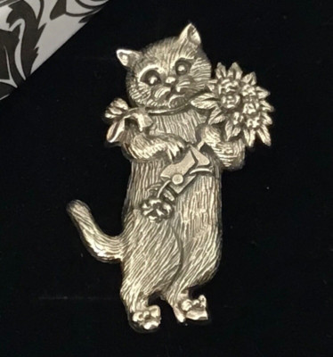 Sterling Splitter Edwardianischer Stil Figur Katze mit Sonne Blume Brosche Tier Anstecknadel