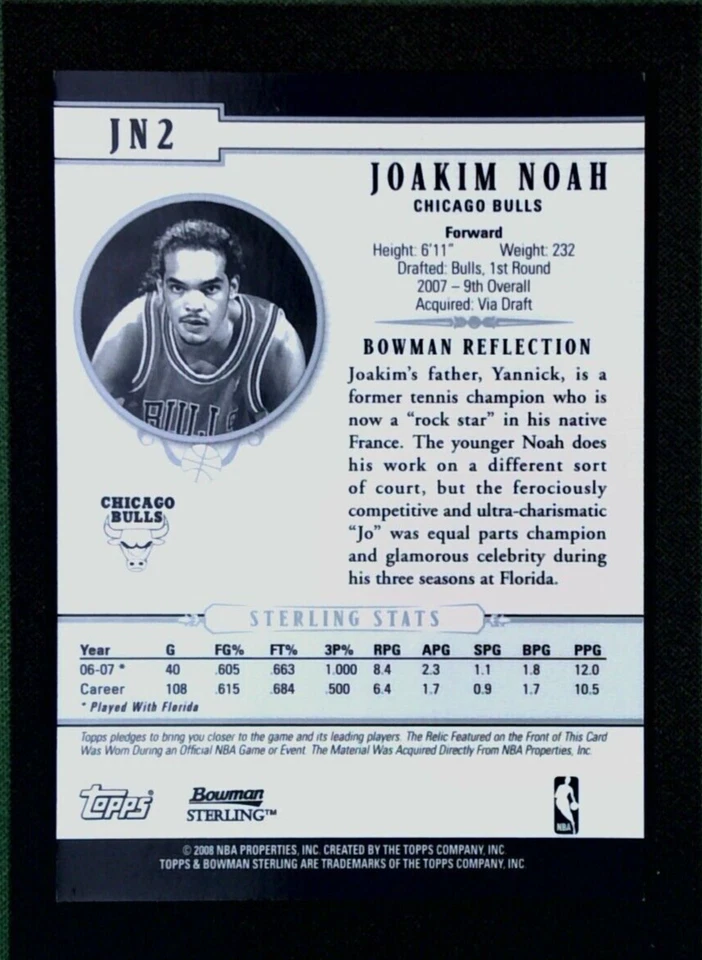 2008 Bowman Sterling баскетбол #JN2 Joakim Noah реликвия нашивка RC - Chicago Bulls - Изображение 2 из 3