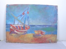 Vintage Seaside Boat Oil Painting, Nautical Beach Scene Art, Signed Artwork