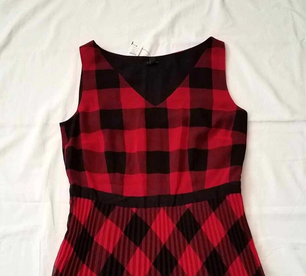 VALENTINO NUOVO abito Georgette TALBOTS rosso nero a quadretti bufalo taglia 16P 16 Petit