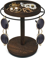 Sunglasses Organizer Stand 360 Degree Rotating Wood Display Rack with Tray