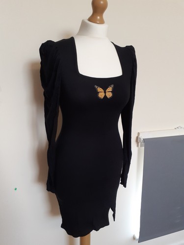 Missguided size 16 Butterfly Design Square Neck Long Sleeve Bodycon Dress, Black - Picture 2 of 12