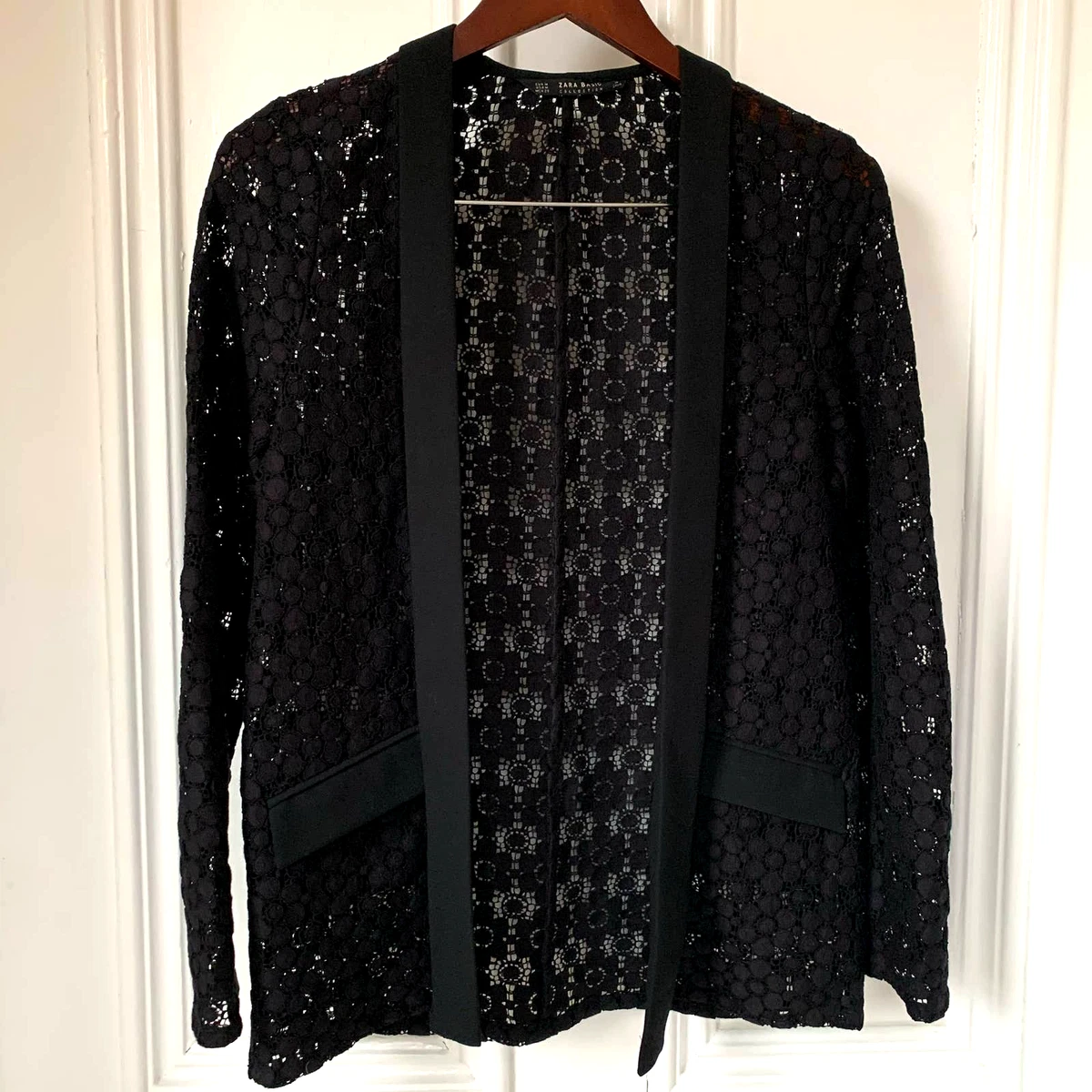Zara Lace Black Blazer Jacket Sz Medium Open Front