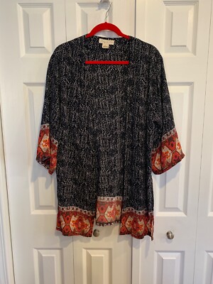 Staring at Stars Anthropologie black/white kimono jacket, Sz S, Aztec trim boho