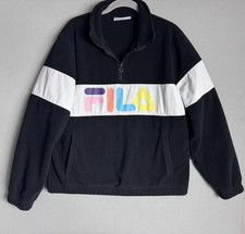 FILA Women's Fleece Spell out Retro 90's quarter zip Black White