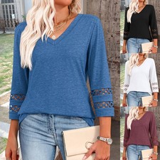 Womens V Neck Plain T Shirts Hollow 3/4 Sleeve Summer Casual Loose Pullover Tops