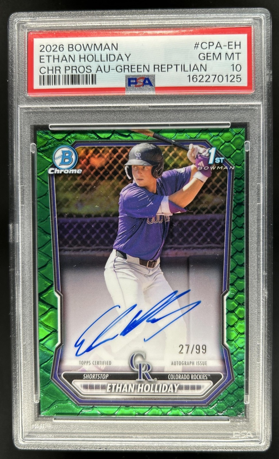 2026 Bowman Ethan Holliday Chrome Auto Reptilian Green Refractor 1st #/99 PSA 10
