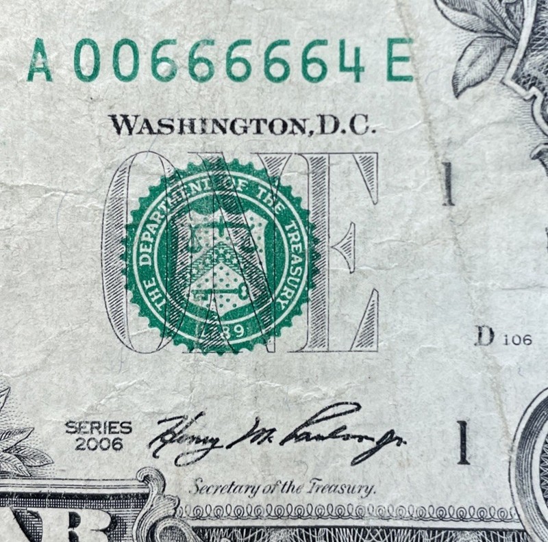 Solid Sixes Five Of A Kind 6s Trinary Note Fancy Serial Number 1 One Dollar Bill