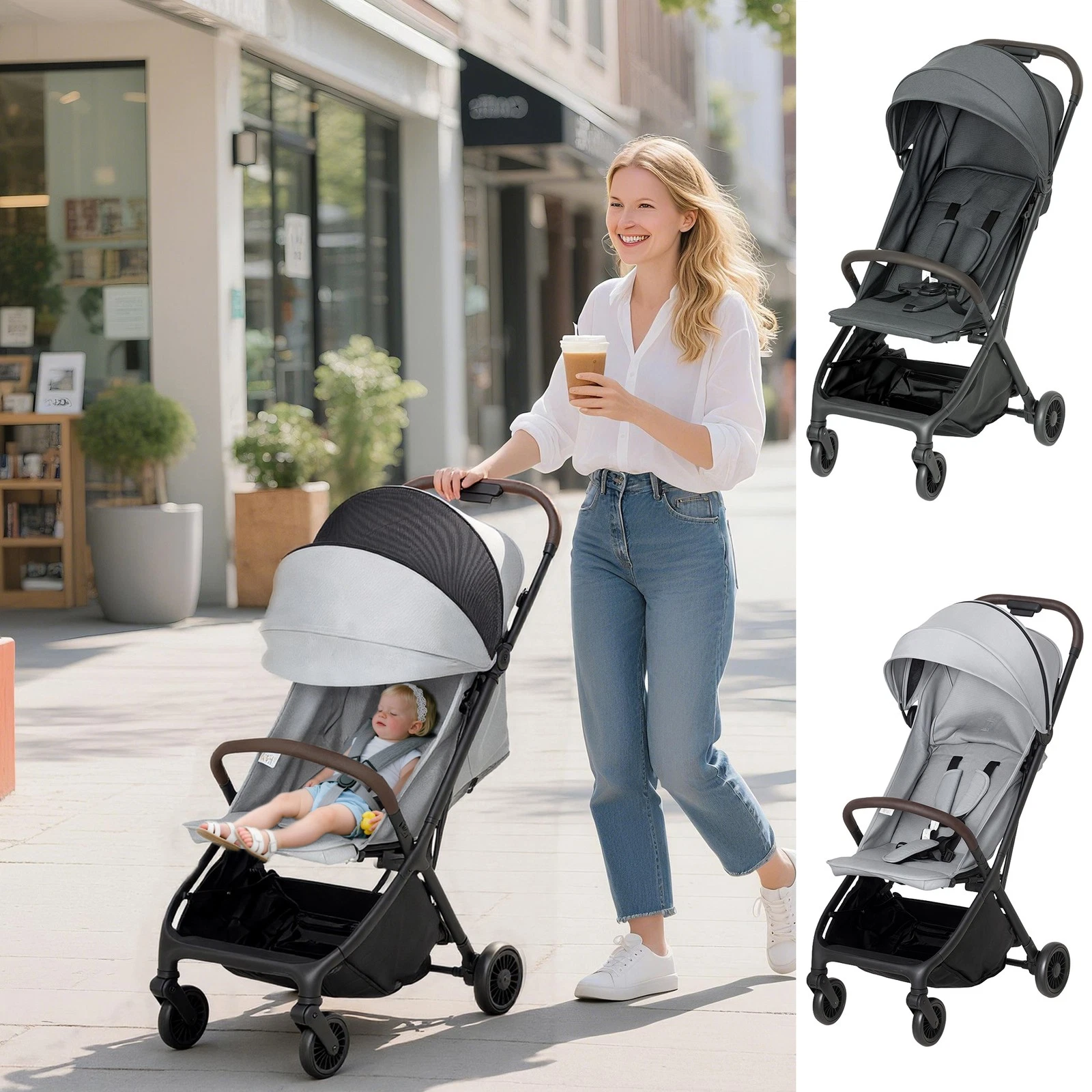 Baby Stroller, Foldable Travel Pushchair with Adjustable Seat, Refurbished