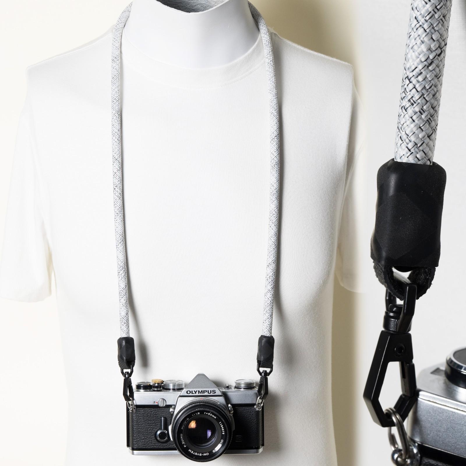Handmade White Marlbed Rope Camera Neck Strap 40" Black Swiv