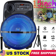 15" Portable Bluetooth Speaker Party Woofer with Wireless Mic Stand LED Lights
