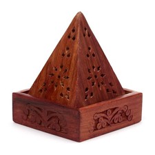 Sheesham Wood Pyramid Incense Box Cone Burner Holder with Flower Fretwork Decor