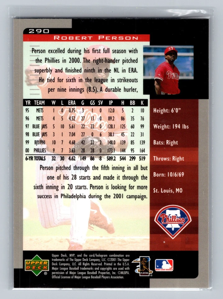 2001 Upper Deck MVP - Robert Person #290 - Image 2 of 2