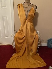 PRETTYLITTLETHING Gold Satin Maxi Sleeveless V-Neck Gown Dress US 6