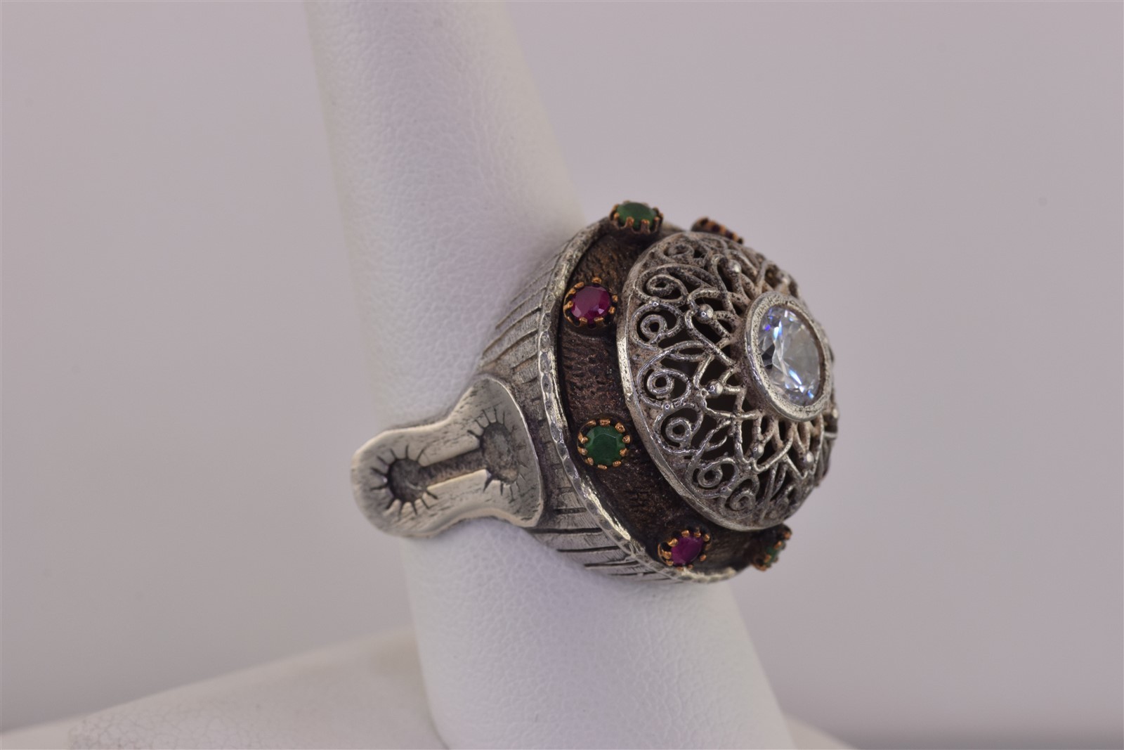 Sterling Silver Emerald & Ruby Accented Domed Boh… - image 1