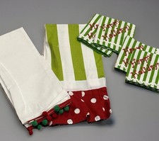 New Hobby Lobby Christmas Cotton Pom Pom Tea Towels & Embroidered Napkin Lot(6)