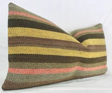 Decorative Yellow Brown Pink Gray Kilim Lumbar Pillow Cover 12x24 Turkish Pillow