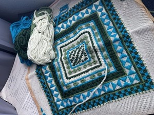 VTG Needlepoint Sampler Pillow Project Partially Completed 13x13 Canvas + Yarn