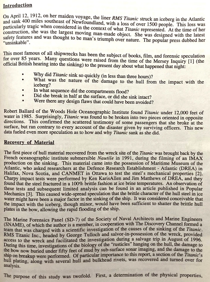 "METALLURGY of the RMS TITANIC". Contributory factors to the sinking. FREEPOST - Image 2 of 4