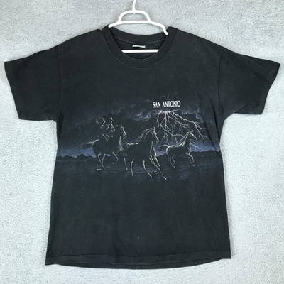#ad Vintage Sansegal Shirt Mens XL Black San Antonio Horse Western Lightning Tee 90s $34.99