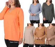 ZENANA 57029 PLUS Size Lounge Top Soft  Microfiber Long Sleeves V Neck