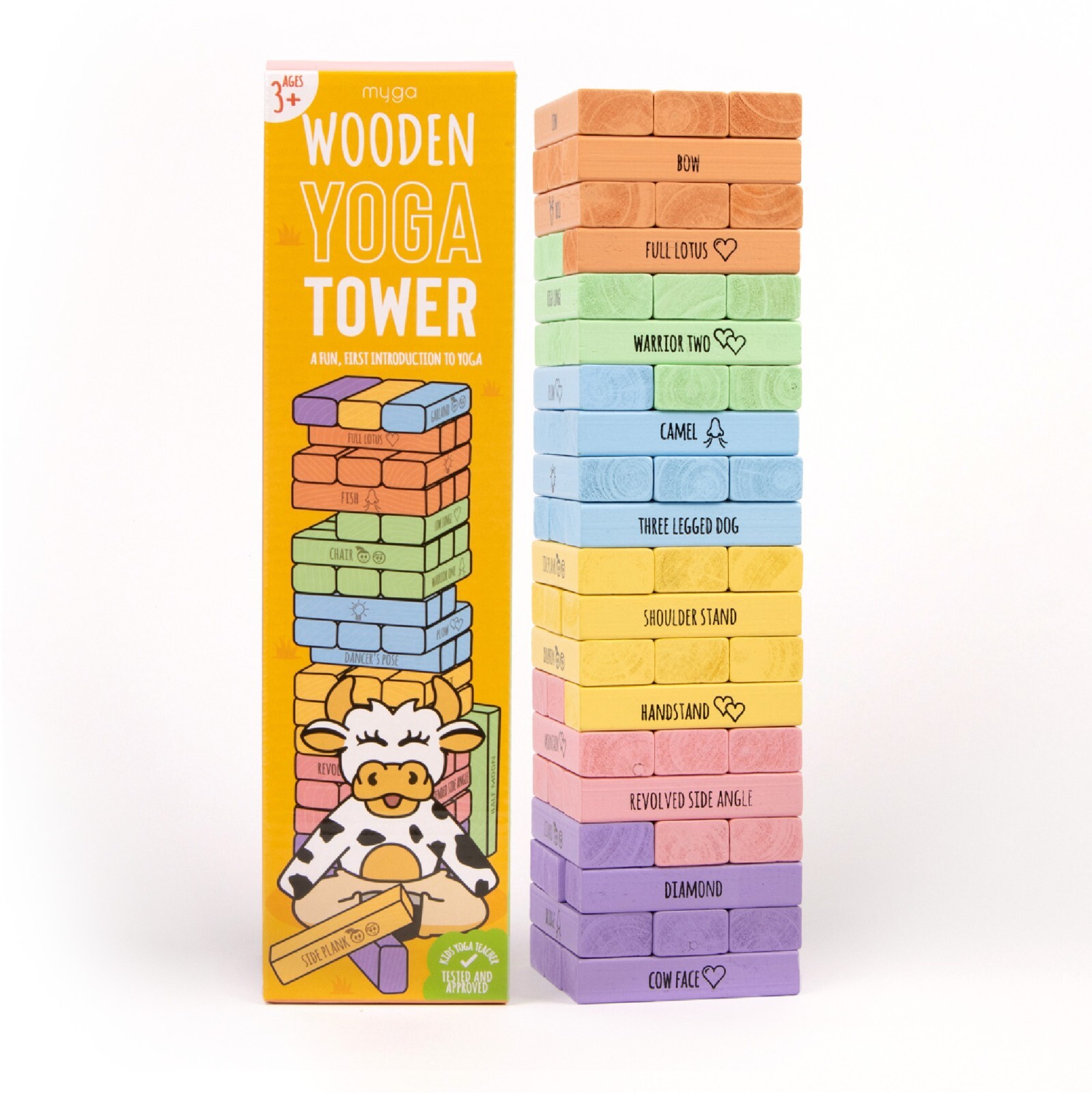 Myga Yoga Tumbling Tower - Kids Wooden Stacking Block Game with 60 Yoga Poses
