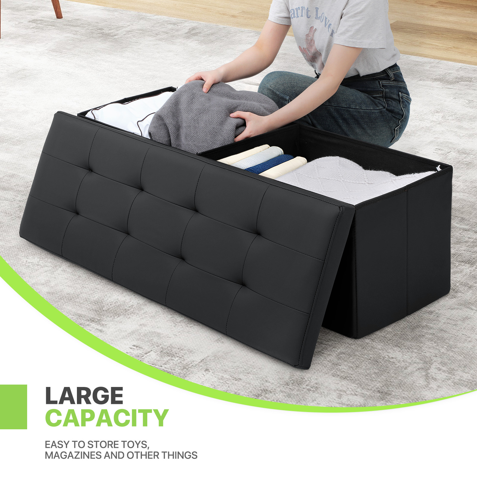 43" Black Storage Ottoman Rectangular Upholstered PU Leather Seat Lift Top Stool