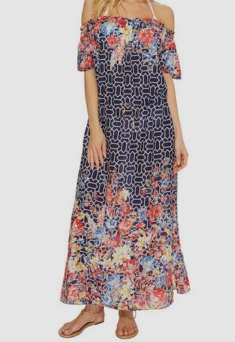 $156 Echo Women's Blue Adelaide Printed Cover-Up Midi Dress Swimwear Size Small
