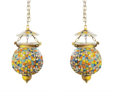 Pair Mosaic Glass and BrassVotive Candle Lanterns / Pendant Hanging Lamps