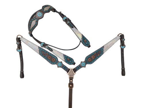 Leder Western Kopfstück Set für Pferd verziert mit holografischem Snack Print - Bild 26 von 79