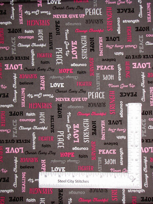 Cancer Awareness Strength Love Word Gray Fabric Half-Yard Hope Cotton Windham