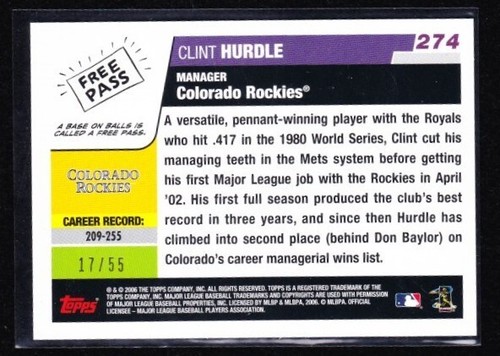 Clint Hurdle Colorado Rockies 2006 Topps Black #274 Serial Number 17/55 - Picture 2 of 2