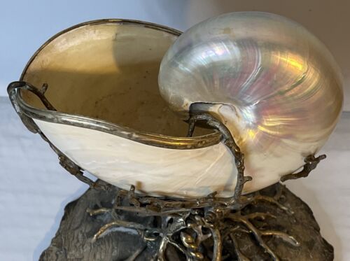 Nautilus Shell In Artisan Crafted Silver Bronze Ocean Sea Floor Themed Pedestal - Picture 3 of 17