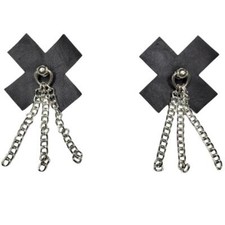 Leather Pasties Triple Chains Reusable X Cross Shaped D Ring Fringe Black L9800
