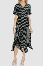 $240 Vince Camuto Women's Black Striped V-Neck Handkerchief Wrap Dress Size 0